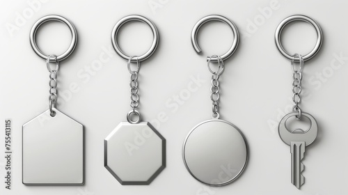 Silver colored keychains and accessories mockup. Metal keyring holders isolated on white background. Realistic 3D modern illustration, icon and clipart.