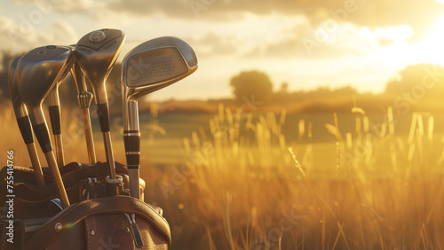 A bag of golf clubs is resting on the grass in a beautiful meadow at sunset, set against a backdrop of colorful clouds in the sky