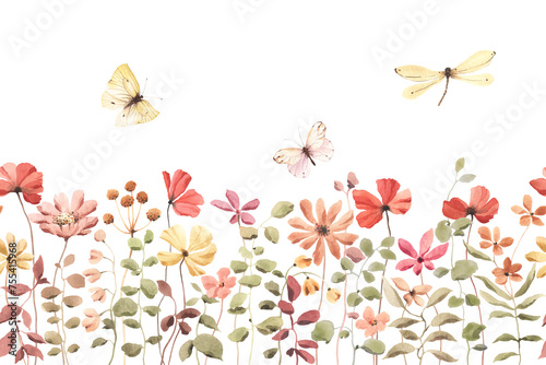 Watercolor horizontal seamless pattern of abstract wildflowers and plants with flying butterflies and dragonfly, isolated floral colored border for wallpapers, cover or floral background, design print