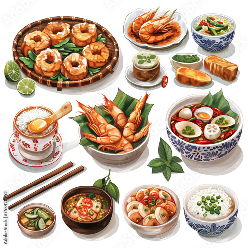 a several of thai food disches on white background, suitable for crafting and digital design projects, clipart sets of minimal illustration