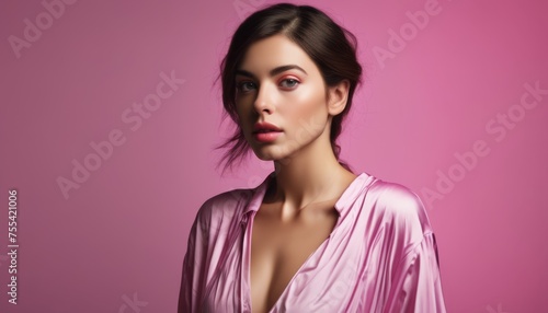  a beautiful woman in a pink dress posing for a picture with her hair blowing in the wind and a pink background.