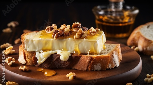 Delicious slice of bread with cheese walnuts and honey on a wooden tray. Concept of dessert or snack.