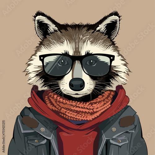 Funny cartoon raccoon vector illustration hipster animal in clothes.