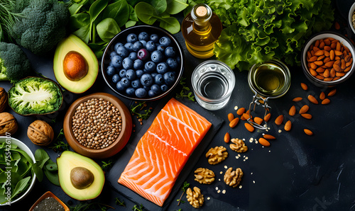 Colorful flat lay of superfoods, including fresh salmon, leafy greens, avocados, nuts, and blueberries, ideal for a nutritious, health-focused diet