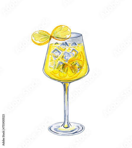 Limoncello cocktail spritz in glass goblet watercolor illustration. Hand drawn image of a lemon drink with ice cubes and lemon slices. For the menu and bar.