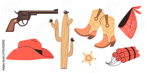 Vintage cowgirl accessories vector set, retro wild west style hat, neck scarf and boots, western revolver and dynamite