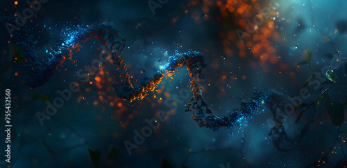 Neon-lit dna strand in digital concept, symbolizing biotechnology and genetic research, with vibrant blue and orange lights against a dark, ethereal backdrop