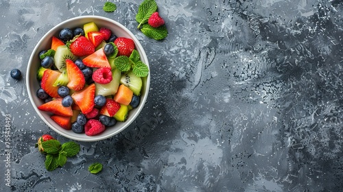 Healthy fresh fruit salad in a bowl on a gray background. ,generative ai, 