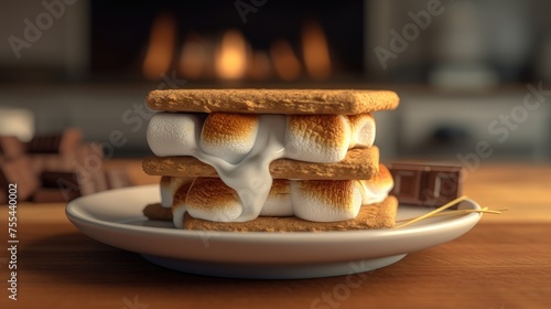 Stack of delicious cookies with marshmallow and chocolate on table