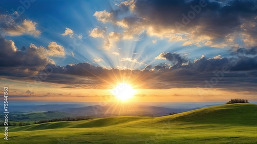 Breathtaking sunset over rolling green hills, radiant sunbeams piercing clouds. Ideal for nature-themed content, wall art, digital backgrounds