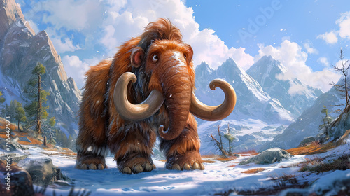 Cartoon mammoth against the background of snowy mountains, extinct animals 