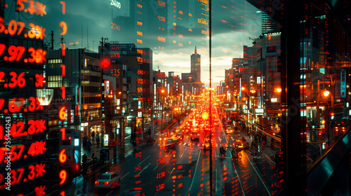 Tokyo Japan business skyline with stock exchange trading chart double exposure, Asia trading stock market digital concept