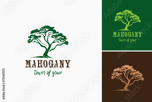 a tree with a sign saying mahogany tower of grace logo design template. Perfect for nature themed designs or promoting eco friendly initiatives.