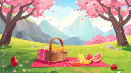 Under pink cherry or sakura flowering trees near the foot of the Rocky Mountains, a cartoon spring scene with outdoor lunch is set up with snacks and fruits on a red blanket and in a wicker basket.