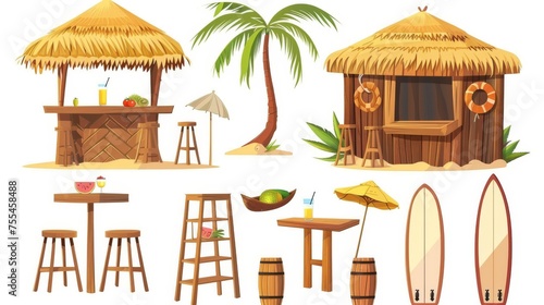 Cartoon modern illustration of a summer sea sand shore cafe with cocktails and fruits. Tropical Hawaiian wooden and bamboo shack with thatch or straw roof.