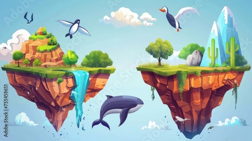 Game UI platform with floating islands and water features. Cartoon fantasy flying land pieces featuring forests and waterfalls, a sand desert with rock cliffs and cactus plants, and an iceberg,