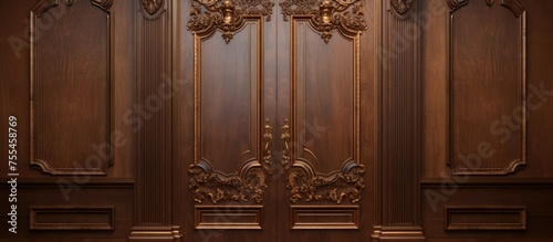 A wooden door adorned with intricate carvings in a luxurious handmade design. The door exudes a sense of elegance and craftsmanship, showcasing detailed patterns that enhance its aesthetic appeal.