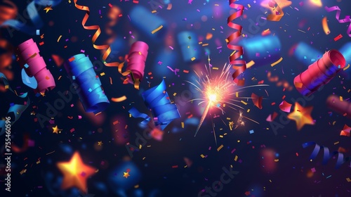 Graphic illustration of party firecracker confetti. Birthday or carnival firework or popper paper serpentine, star and congratulation elements for design. Winner and holiday celebration cracker