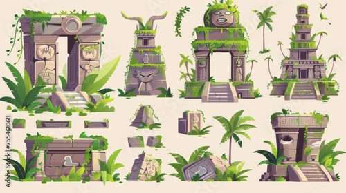 The old abandoned buildings and statues of an ancient civilization, depicted in modern format, are an ancient ruin of old lost civilization. Cartoon illustration set of stone temple in jungle