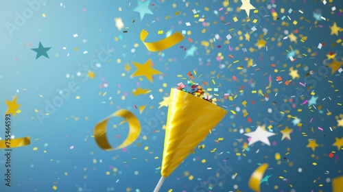 Party popper in yellow plastic with flying confetti, stars, and decorative elements for birthdays or winners. Realistic 3D modern illustration of party popper.