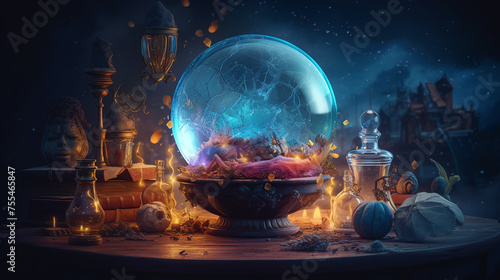 Crystal ball on table and against dark background. Magic and predictions of future concept