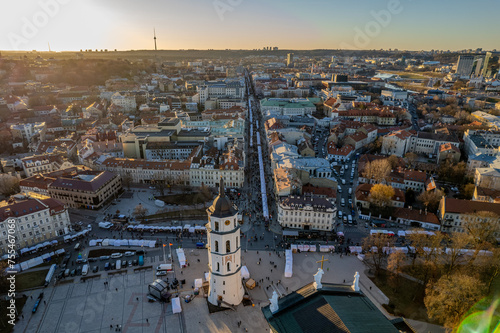 Aerial spring view of sunset in Vilnius Old Town, Cathedral Square, Lithuania