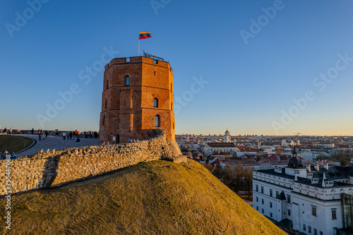 Aerial spring view of sunset in Vilnius Old Town, Gediminas Castle Tower, Lithuania