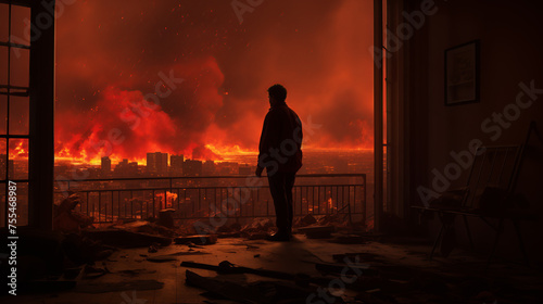 A man stands in front of a massive fire, casting shadows in the night