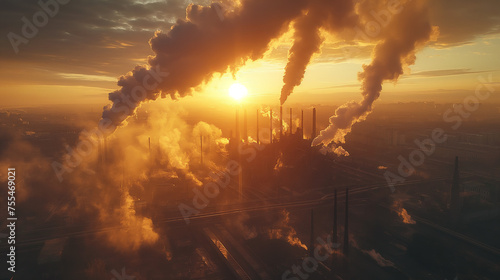 Aerial view on smoking factory pipes, smoke coming out of chimneys, ecological issues, social issues