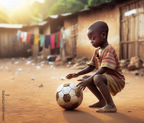 African kid playing with a ball in a village as he hopes to become a superstar to help his people.