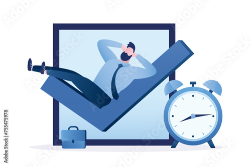 Businessman relax on complete checkmark with alarm clock. Fast and easy completed task. Finish work within deadline, efficiency and productivity. Tick checkbox, work done,