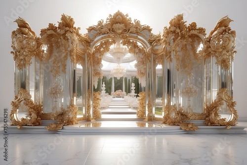 An opulent baroque-style hallway lined with mirrors reflecting luxury, elegance, and the extravagance of a bygone era