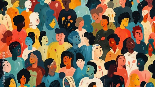Colorful illustration of a diverse group of stylized people with various ethnicities, ages, and styles, representing inclusivity and community in a vibrant, abstract setting.