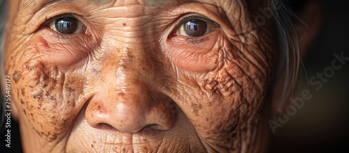 In the close-up view, an elderly Asian womans face shows prominent wrinkles and small brown patches, commonly referred to as age spots or liver spots. The natural signs of aging are visible as her