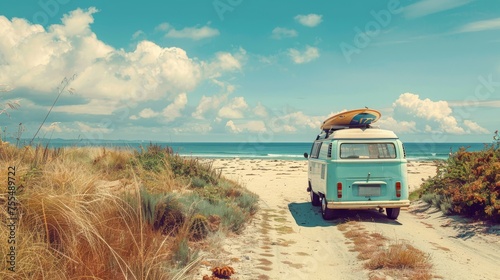 A vintage van by the beach, surfboard atop