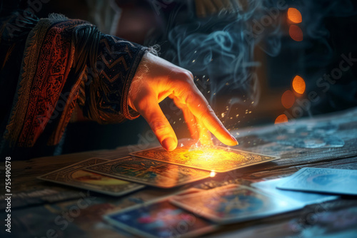 Tarot reader pick up tarot card. Tarot cards spread on table near burning candles. Generative AI
