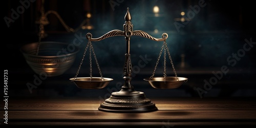 Justice concept. A balance scale in a dark court room.