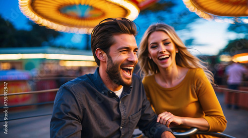 Dynamic shot of a man and woman laughing while enjoying an amusement park ride