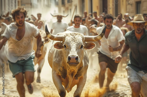 Thrilling bull run with people racing ahead of a charging bull on a dusty street, capturing the intensity and danger of the event.