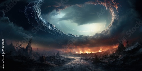 Rough path to destiny. An exit of a massive turbulence or vortex. A space storm or colossal stormfront. Wide format