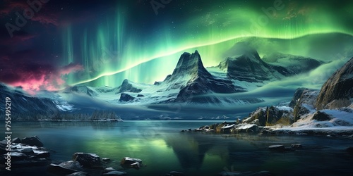 A breathtaking digital representation of the northern lights dancing over a rugged snowy mountain landscape