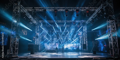 A Live stage production being built in a center stage type venue. Stage rigging equipment, lighting trusses, stairs and PA systems being carried in.