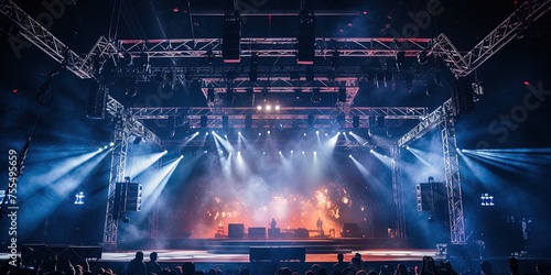 A Live stage production overhead trusses and lighting in a live venue. Stage rigging equipment.