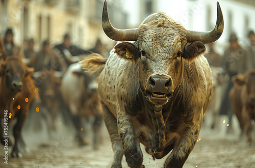 Angry bull charging on a dusty street with blurred background.