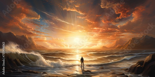 A solitary figure traverses the rugged shoreline, a vivid canvas of nature's majesty, with the fiery sun sinking into the endless expanse of the ocean, while the restless waves crash against the gold