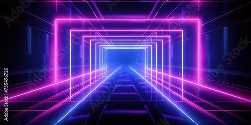 Abstract neon light geometric background. Glowing neon lines. Empty futuristic stage laser. Colorful rectangular laser lines. Square tunnel. Night club empty room.