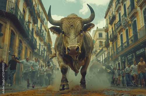 Charging bull in a crowded street during a traditional bull run event, capturing the intensity and culture of the festival.