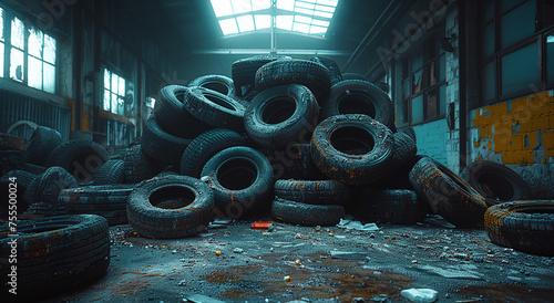 Pile of old tires in a dimly lit abandoned warehouse, conveying urban decay and environmental waste.