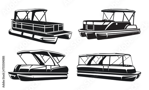 Pontoon boat icon passenger transportation canopy marine black monochrome set isometric vector