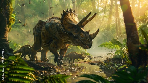 A family of Triceratops is captured drinking water from a pond in a misty, sunlit prehistoric forest, surrounded by lush vegetation.